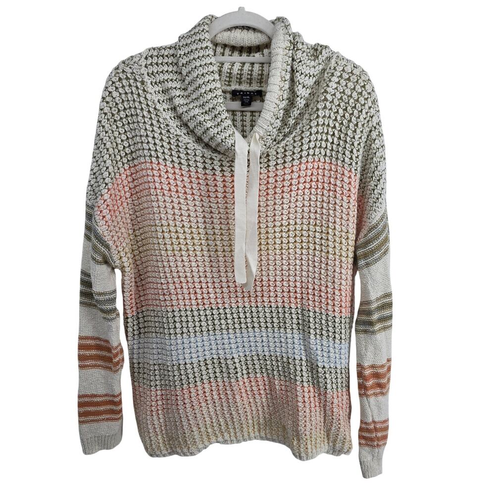 Tribal Cowl Neck Drawstring Knit Sweater Size XL